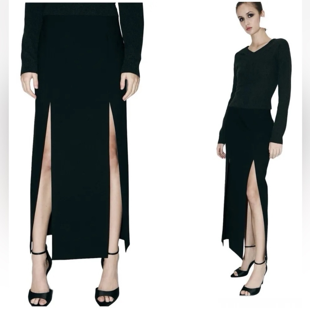 Zara Black Slit 100% Wool high waist Midi Skirt size XS ZW Collection NWT